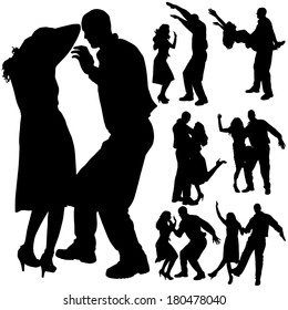 Vector silhouette of people who dance on a white background. 