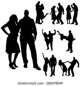 Vector silhouette of people who dance on a white background. 