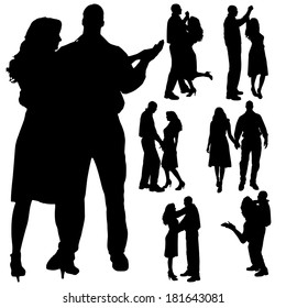 Vector silhouette of people who dance on a white background. 