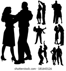Vector silhouette of people who dance on a white background. 