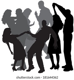 Vector silhouette of people who dance on a white background. 