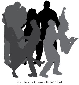 Vector silhouette of people who dance on a white background. 