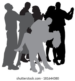 Vector silhouette of people who dance on a white background. 