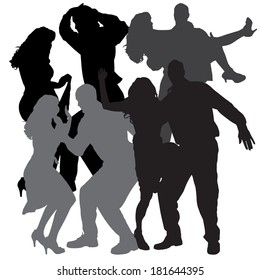 Vector silhouette of people who dance on a white background. 