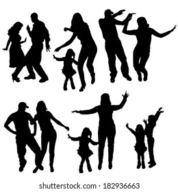 Vector silhouette of people who dance on a white background. 
