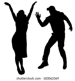 Vector silhouette of people who dance on a white background. 