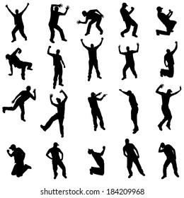 Vector silhouette of people who dance on a white background. 