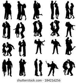 Vector silhouette of people who dance on a white background. 