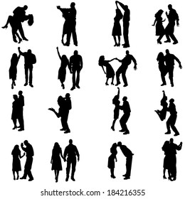 Vector silhouette of people who dance on a white background. 