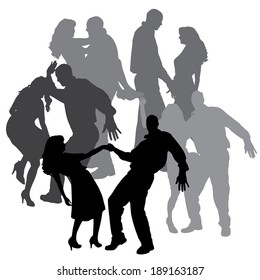Vector silhouette of people who dance on a white background.