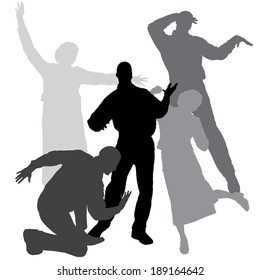 Vector silhouette of people who dance on a white background.