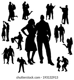 Vector silhouette of people who dance on a white background.
