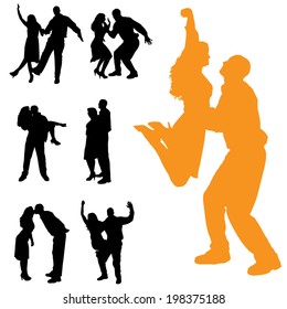 Vector silhouette of people who dance on a white background. 