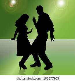 Vector silhouette of people who dance on green background. 