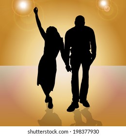 Vector silhouette of people who dance on orange background. 