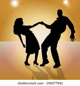 Vector silhouette of people who dance on orange background. 