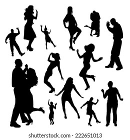 Vector silhouette of people who dance white background.