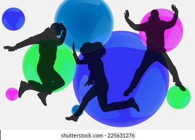 Vector silhouette of people who dance with bubble.