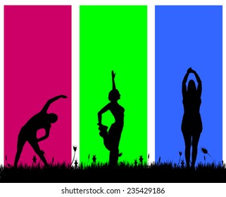 Vector silhouette of people who exercise on a colored background.
