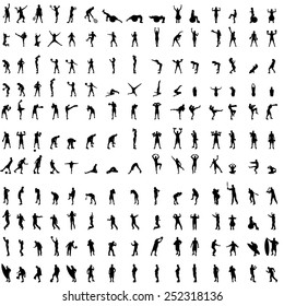 Vector silhouette of people who exercise on white background.