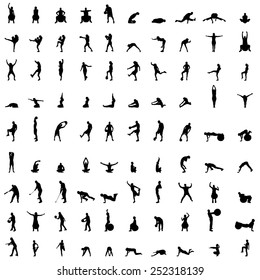 Vector silhouette of people who exercise on white background.