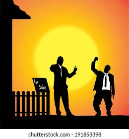Vector silhouette of people who are in front of house.