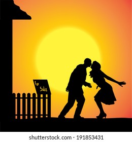 Vector silhouette of people who are in front of house.