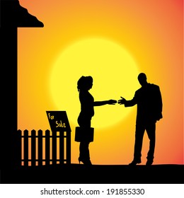 Vector silhouette of people who are in front of house.