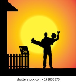 Vector silhouette of people who are in front of house.