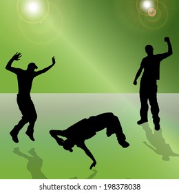 Vector silhouette of people who green on red background. 