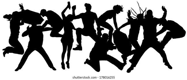 Vector silhouette of people who jump on a white background. 