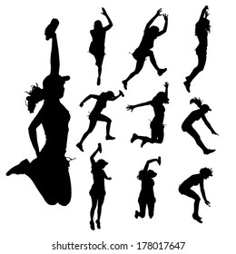 Vector silhouette of people who jump on a white background. 