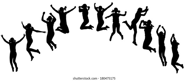 Vector silhouette of people who jump on a white background. 