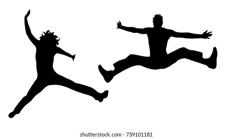 Vector silhouette of people who jump on white background.