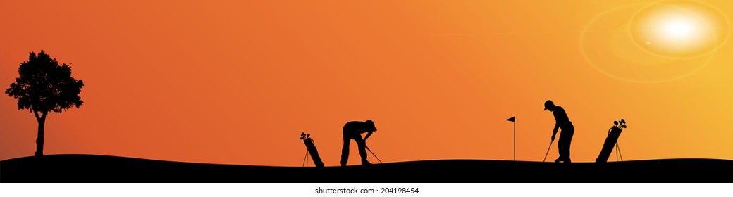 Vector silhouette of people who play golf.
