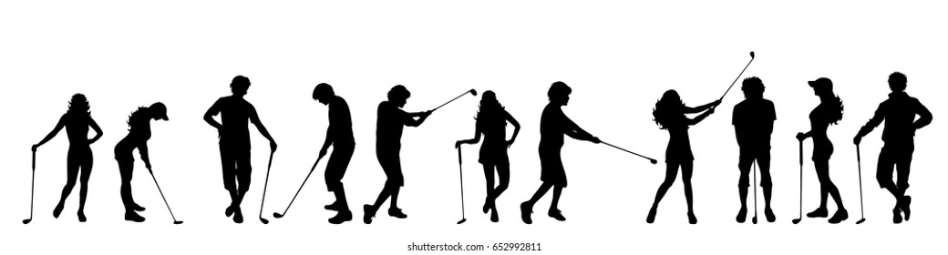 Vector silhouette of people who play golf on white background.