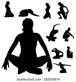 Vector silhouette of a people who practices on white background. 