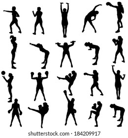 Vector silhouette of a people who practices on white background. 