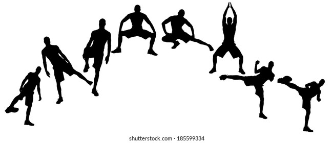 Vector silhouette of a people who practices on white background. 