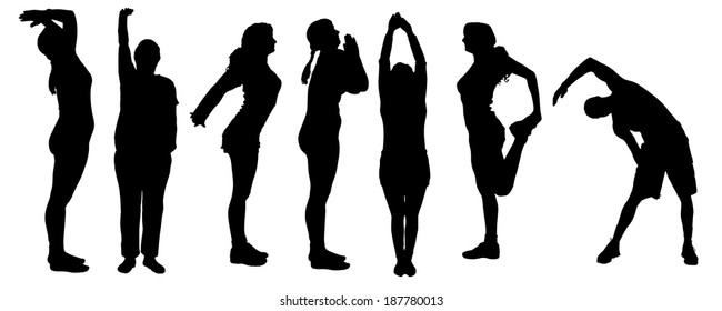 Vector silhouette of a people who practices on white background. 
