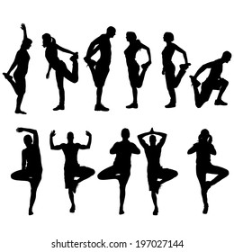 Vector silhouette of a people who practices on white background. 