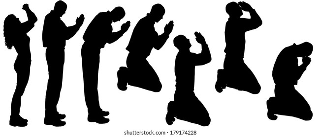 Vector silhouette of people who pray on a white background. 