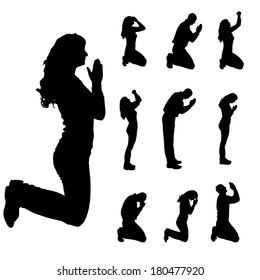 Vector silhouette of people who pray on a white background. 