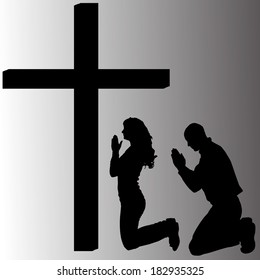 Vector silhouette of people who are praying at the cross.