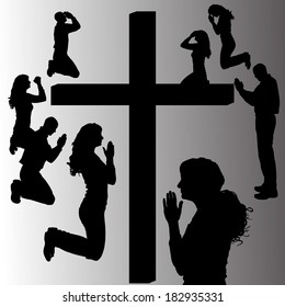 Vector silhouette of people who are praying at the cross.