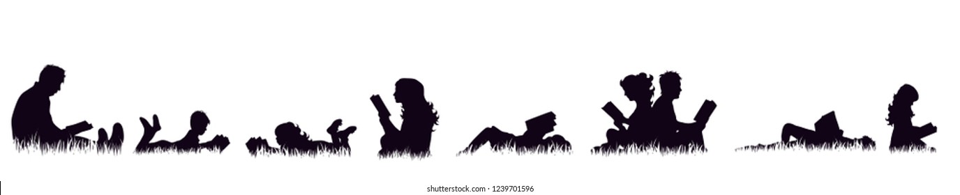 Vector silhouette of people who read on meadow.