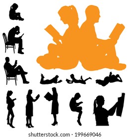 Vector silhouette of a people who are reading on white background.