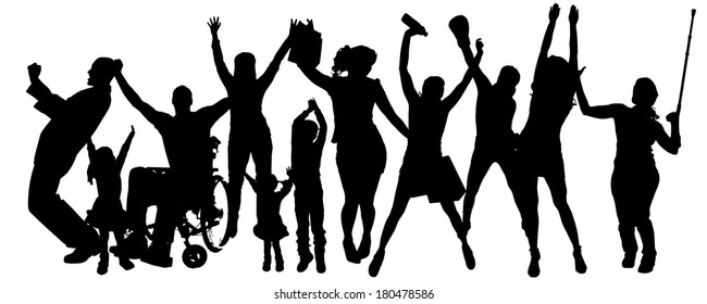 Vector silhouette of people who rejoice on a white background. 