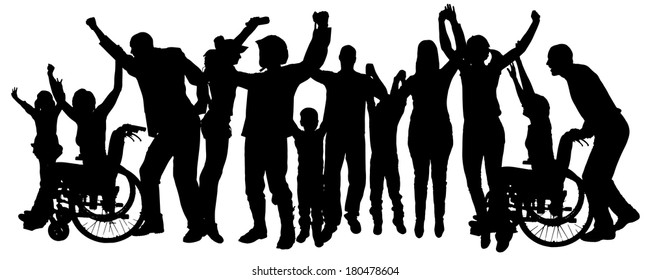 Vector silhouette of people who rejoice on a white background. 
