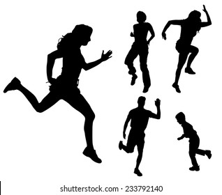 Vector silhouette of people who run on white background.